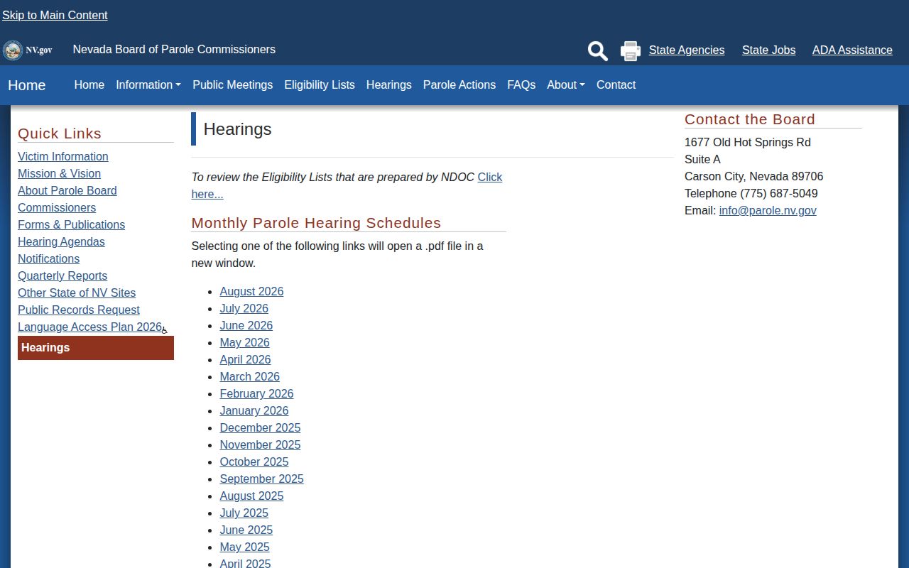 Nevada parole hearing calendars for Douglas County parole records